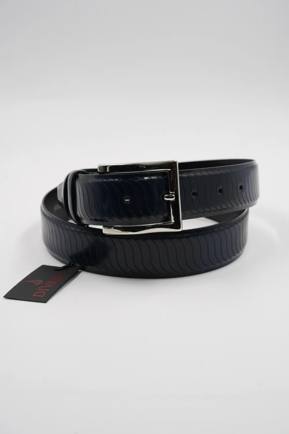 Genuine Leather Classic Navy Blue Patent Leather Striped Pattern Suit Belt