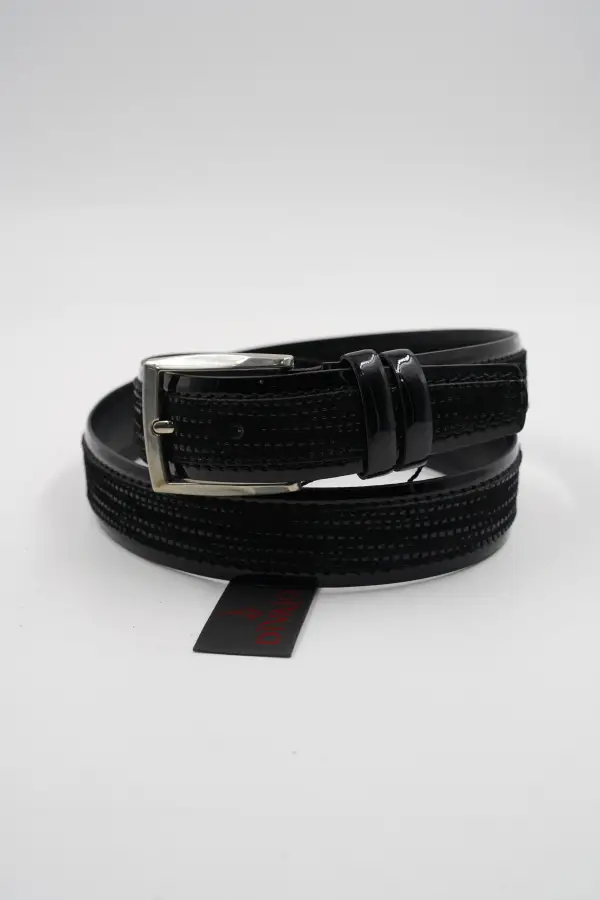 Genuine Leather Classic Black Patent Leather Square Pattern Suit Belt
