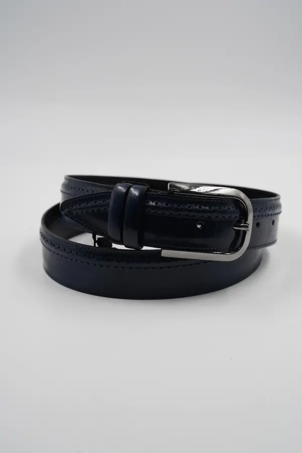 Genuine Leather Classic Navy Blue Color Patterned Suit Belt
